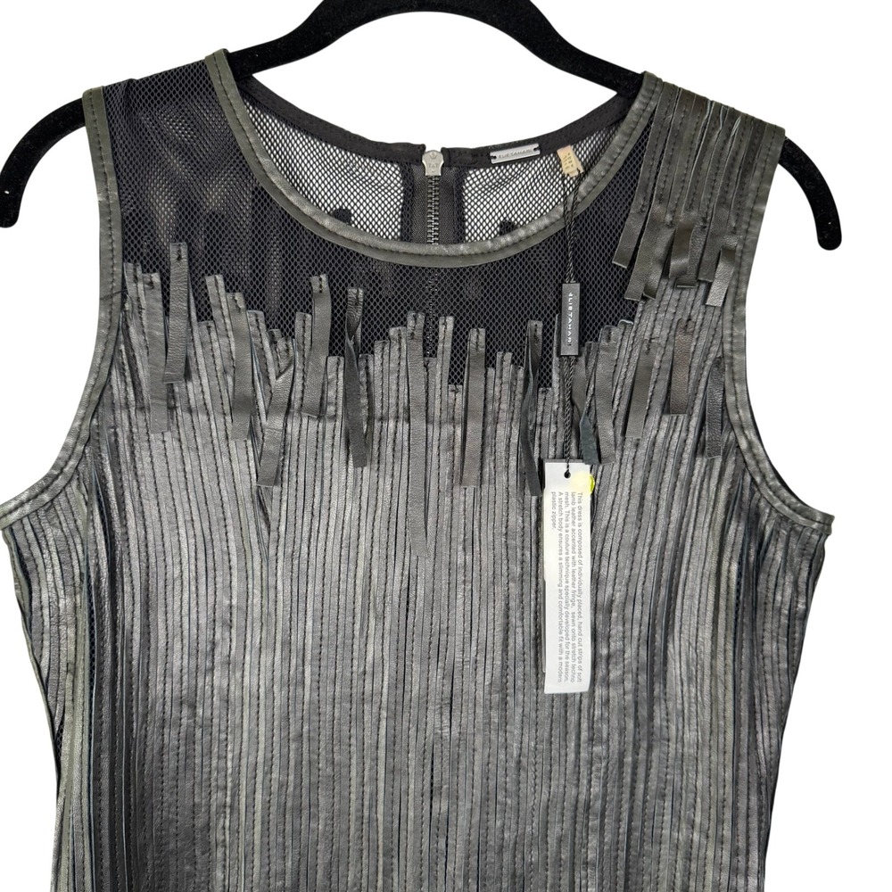 Elie Tahari Womens Black Lamb Leather Fringe Mesh Sleeveless Midi Dress Size 8 - Picture 3 of 9